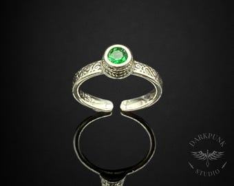 Gothic Emerald Green Zircon Jewel Solitaire Ring | Band Ring | Vintage style | Antique silver plated | Adjustable | Alternative | Gift Bag