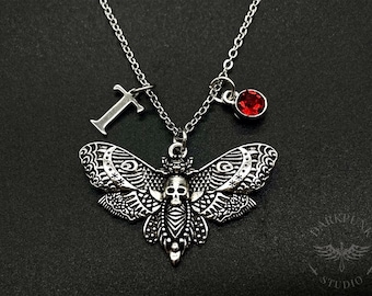 Personalised initial & birthstone charm Death Moth Head Butterfly Hawkmoth | Pendant Necklace | Stainless Steel | Gothic| Alternative | Gift