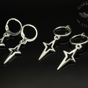 Silver North Star Hoop Earrings | Goth | Punk | Emo | Mens | Unisex | Pierced & Clip-On | Alternative Jewellery | Gift Bag | Free Delivery