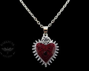 Evil Eye Gothic Sacred Heart Necklace Earrings Set | Blood Red | Stainless Steel | Witchy | Alternative Jewellery | Gift Bag | Free Delivery