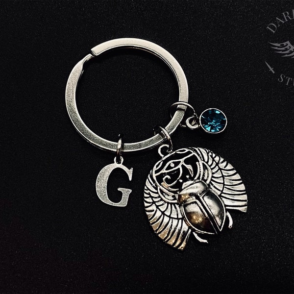 Personalised initial & birthstone charm Egyptian Scarab Beetle Eye of Horus | Keyring Keychain | Gift for him her | Gift bag | Free Delivery