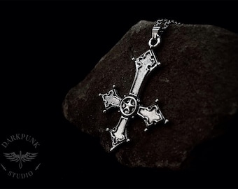 Antique Silver Gothic Inverted Cross Pendant Necklace | Stainless Steel | Witchy | Alternative Jewellery | Gift Bag | Free Delivery