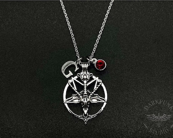 Personalised initial & birthstone charm Baphomet Goat Devil Pentagram Pentacle | Pendant Necklace | Stainless Steel | Alternative Jewellery