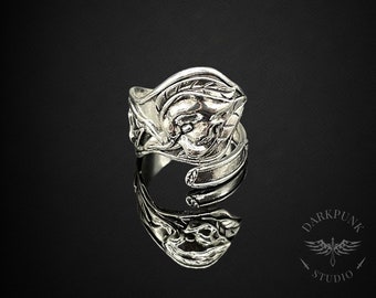 Floral Peace Lily Flower Leaf Spoon Ring | Vintage style floral ring | Antique silver plated | Adjustable | Alternative Jewellery | Gift Bag