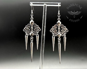 Gothic spiked chandelier earrings | silver spike earrings | ornate filigree boho earrings | antique silver plated | Alternative Jewellery