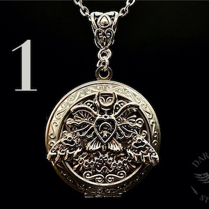 May include: Silver locket necklace with a detailed design of a moth with wings spread. The moth has a heart-shaped body with a skull and crossbones design.