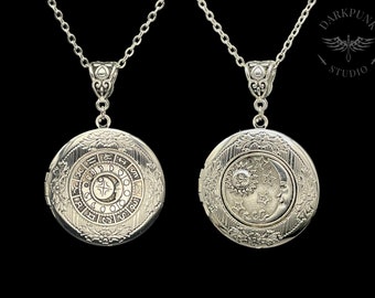 Zodiac Sun Star Moon Phase Astrology Celestial Photo Locket Pendant Necklace | Stainless Steel | Silver plated | Alternative Jewellery Gift