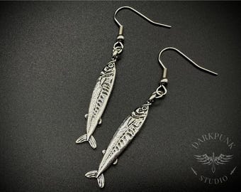 Sardine earrings | fish earrings | retro novelty vintage gift | antique silver plated | Alternative Jewellery | Gift Bag | Free Delivery