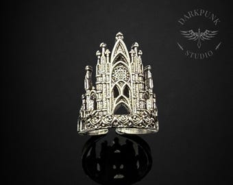 Gothic Cathedral Window Ring | Vintage style intricate vampire ring | Antique silver plated | Adjustable | Alternative Jewelry | Gift Bag