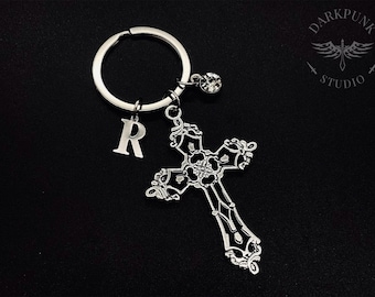 Personalised Initial and Birthstone Cross Keychain | Black & Antique Silver | Gothic Cross Keyring Keychain | Gift bag | Free delivery