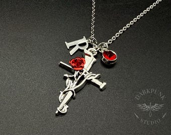 Personalised initial and birthstone charm Gothic Cross & Red Rose Pendant Necklace | Stainless Steel | Punk Romance | Alternative Jewellery