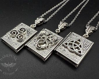 Celtic Trinity Knot / Triskelion / Dragon Book Photo Locket Pendant Necklace | Stainless Steel | Silver | Alternative Jewellery | Gift Bag