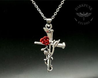 Silver Gothic Cross & Red Rose Pendant Necklace | Stainless Steel | Gothic Vampire Witchy | Alternative Jewellery | Gift Bag | Free Delivery