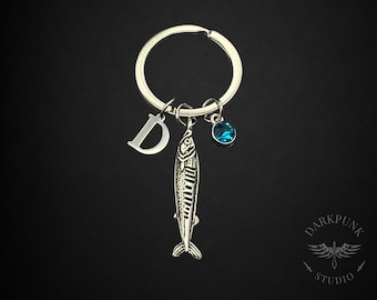 Personalised Initial and Birthstone Silver Sardine Fish Keyring Keychain | Good luck gift | Gift for him / her | Gift bag | Free Delivery