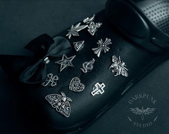 Gothic Punk Metal Shoe Charms | Cross Moth Snake Heart | Antique Silver Plated | Alternative | Croc Shoe Charms | Free Delivery | UK seller