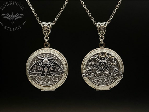 Deaths Head Lunar Moth Crescent Photo Locket Pendant Necklace | Stainless Steel | Silver | Gothic Witchy | Alternative Jewellery | Gift Bag