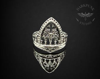 Gothic Cathedral Window Ring | Vintage style vampire ring | Antique silver plated | Adjustable | Alternative Jewelry | Gift Bag | Free Del