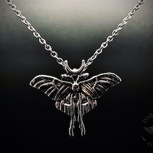Deaths Head Lunar Moth Crescent Pendant Necklace | Stainless Steel | Gothic Witchy | Alternative Jewellery | Gift Bag | Free Delivery
