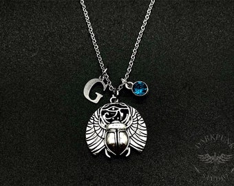 Personalised initial & birthstone charm Egyptian Scarab Beetle Eye of Horus | Pendant Necklace | Stainless Steel | Alternative Jewellery