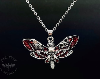 Blood Red Death Moth Hawkmoth Head Pendant Necklace | Silver Stainless Steel chain | Gift Bag | Witchy Skull Gothic | Alternative Jewellery