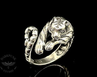 Adjustable Gothic Tiger Ring | Beast | Punk ring | Spirit Animal | Antique silver | Witchy | Alternative Jewellery | Gift Bag |Free Delivery