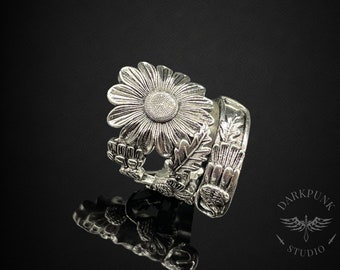 Floral Daisy Flower Spoon Ring | Vintage style ring | Antique silver | Adjustable Statement ring | Alternative Jewellery | Free Delivery