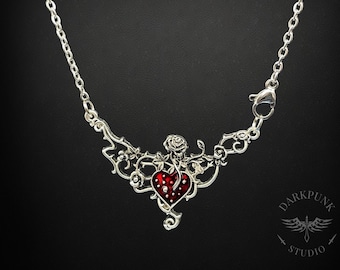 Gothic Rose Flower & Blood Red Heart Necklace on a stainless steel chain in a gift bag | front fastening / opening | antique silver plated