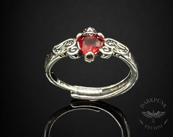 Gothic Ruby Red Jewel Heart Ring | Wings Crown Statement Ring | Vintage style | Antique silver plated | Adjustable | Alternative | Gift Bag