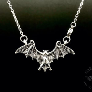 Silver Bat Necklace | necklace | gothic bat necklace | bat jewellery | front fastening / opening | antique silver | witchy goth | gift bag