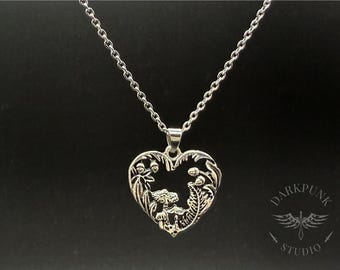Fairytale Nature Goddess Heart Mushroom Forest Pendant Necklace | Stainless Steel | Witchy Dark Fairycore Grunge Pagan | Gift Bag | Free Del