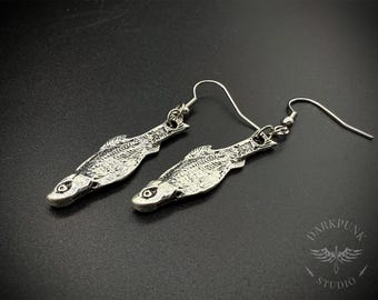 Sardine earrings | fish earrings | retro novelty vintage style | antique silver plated | Alternative Jewellery | Gift Bag | Free Delivery