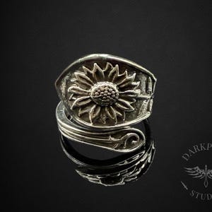 Floral Sunflower Spoon Ring | Vintage style floral ring | Antique silver | Adjustable ring | Alternative Jewellery | Gift Bag |Free Delivery