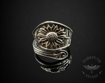 Floral Sunflower Spoon Ring | Vintage style floral ring | Antique silver | Adjustable ring | Alternative Jewellery | Gift Bag |Free Delivery