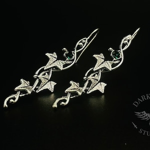 Gothic Ivy Earrings | Antique Silver | Floral plant | Green crystal gem earrings | Alternative Jewellery | Silver leaf earrings | Gift bag