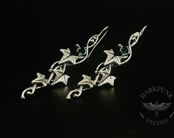 Gothic Ivy Earrings | Antique Silver | Floral plant | Green crystal gem earrings | Alternative Jewellery | Silver leaf earrings | Gift bag