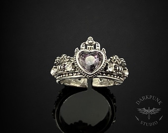 Gothic Amethyst Purple Heart Crystal Ring | Ornate Cathedral Inspired | Medieval antique silver plated | Adjustable | Alternative | Gift Bag