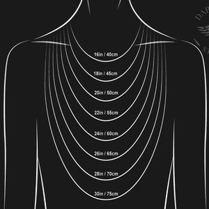 May include: A diagram showing different necklace lengths in inches and centimeters. The lengths range from 16 inches to 30 inches, or 40 centimeters to 75 centimeters.