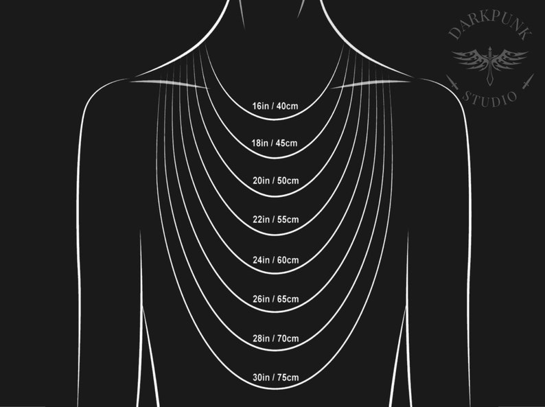 May include: A diagram showing different necklace lengths in inches and centimeters. The lengths range from 16 inches to 30 inches, or 40 centimeters to 75 centimeters.