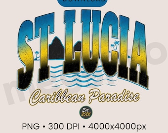 St Lucia T Shirt PNG, Caribbean Travel Design, Pitons Mountain Graphic, Tropical Vacation Shirt, St Lucia Flag Colours PNG