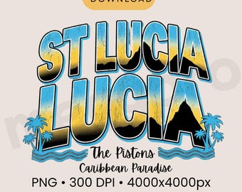 St Lucia PNG Travel Shirt Design – Tropical Pitons Sunset Graphic, Caribbean Vacation Sublimation Cricut File