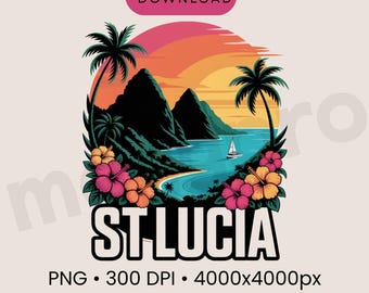 St Lucia PNG Travel Shirt Design – Tropical Pitons Sunset Graphic, Caribbean Vacation Sublimation Cricut File