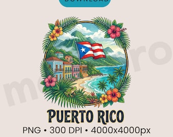 Puerto Rico PNG – Tropical Island Beach Travel Shirt Design, Caribbean Vacation Sublimation Cricut File with Coqui Frog and Flag