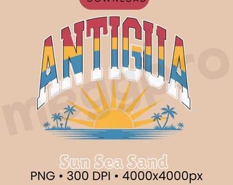 Antigua T Shirt PNG, Sun Sea Sand Design, Caribbean Travel Graphic, Tropical Vacation Shirt, Antigua Flag Colours PNG Digital Download