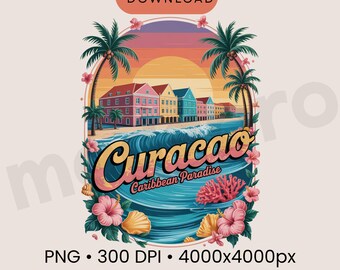 Curacao T Shirt PNG, Caribbean Travel Design, Tropical Vacation Graphic, Beach Sunset Shirt Print, Cruise Holiday Curacao PNG, Digital File