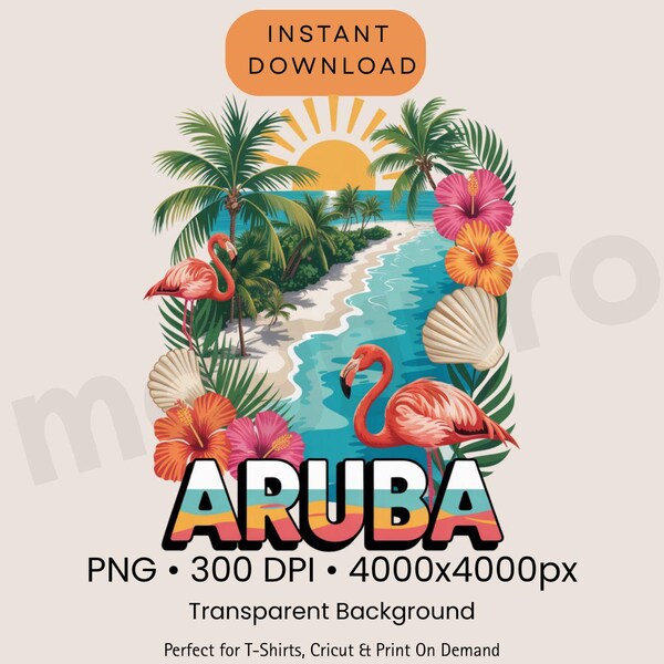 Aruba PNG Travel T Shirt Design Tropical Flamingo Beach Graphic,Caribbean Vacation Shirt,Sublimation Cricut Download, Transparent Background