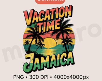 Vacation Time Jamaica PNG – Retro Caribbean Travel T Shirt Design,Tropical Sunset Graphic,Sublimation Cricut Download,Transparent Background