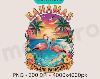 Bahamas  PNG – Flamingo Travel T Shirt Design, Caribbean Vacation Tee Graphic, Sublimation Cricut Download, Transparent Background