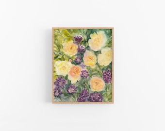 Impresión artística de rosas en acuarela: pintura floral amarilla