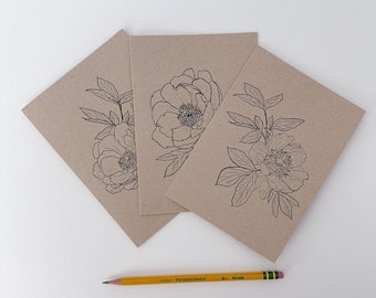 Floral Greeting Card, Botanical Greeting Card, Floral Line Art, Peony Greeting Card, Peony Flowers Line Art, Pretty Floral Greeting Card