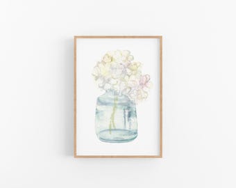 Impresión artística floral de bola de nieve: Pintura de hortensias en acuarela en jarrón